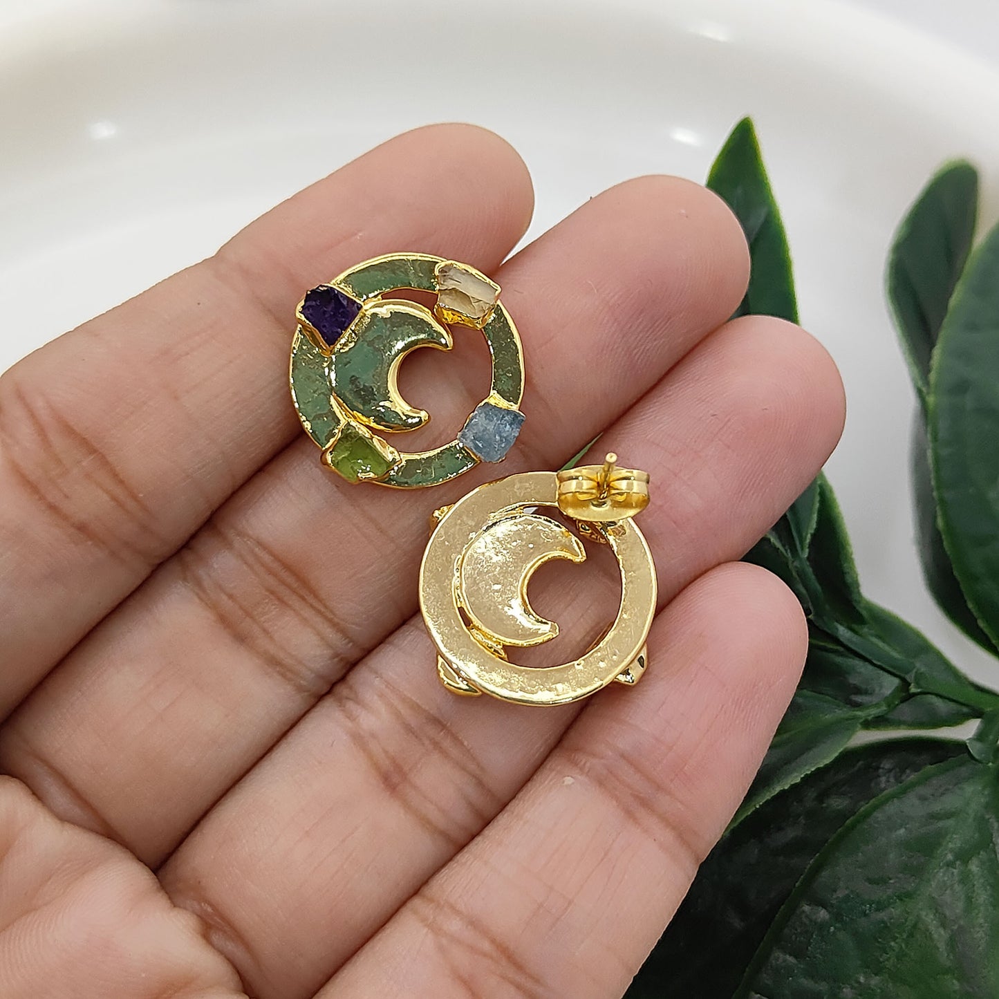 Raw Crystal Crescent Half Moon Stud Earrings Celestial-Inspired Handmade Jewelry for Her- Selling Per Pair