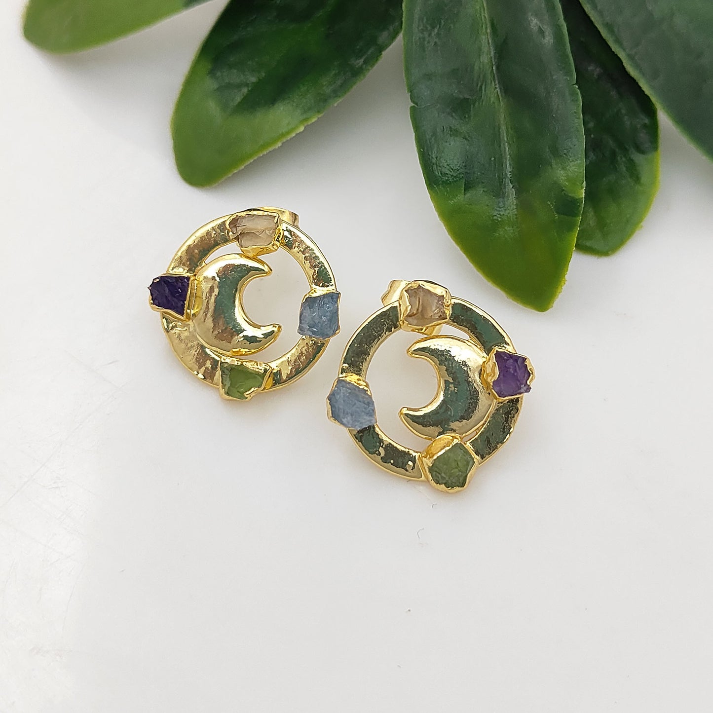 Raw Crystal Crescent Half Moon Stud Earrings Celestial-Inspired Handmade Jewelry for Her- Selling Per Pair