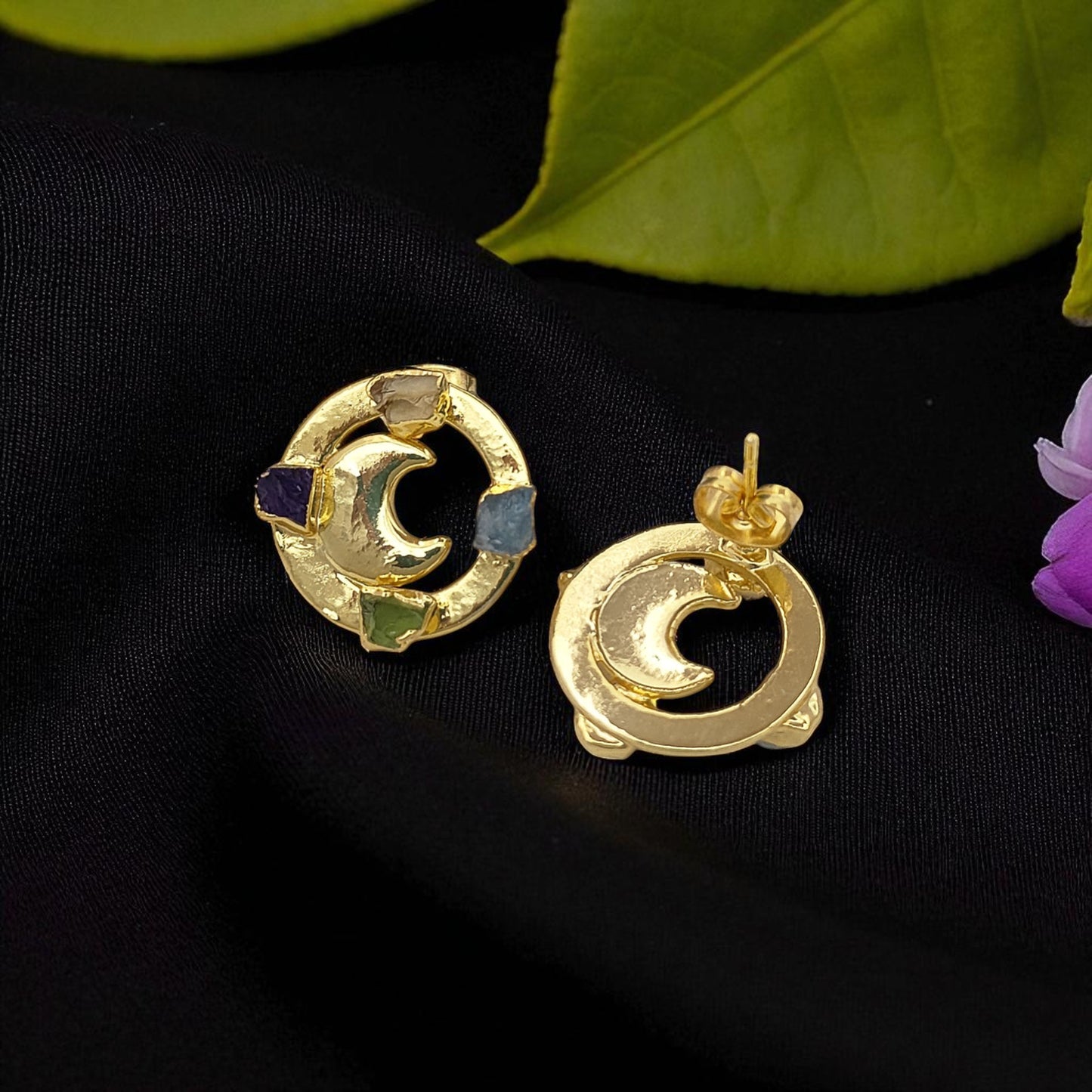 Raw Crystal Crescent Half Moon Stud Earrings Celestial-Inspired Handmade Jewelry for Her- Selling Per Pair