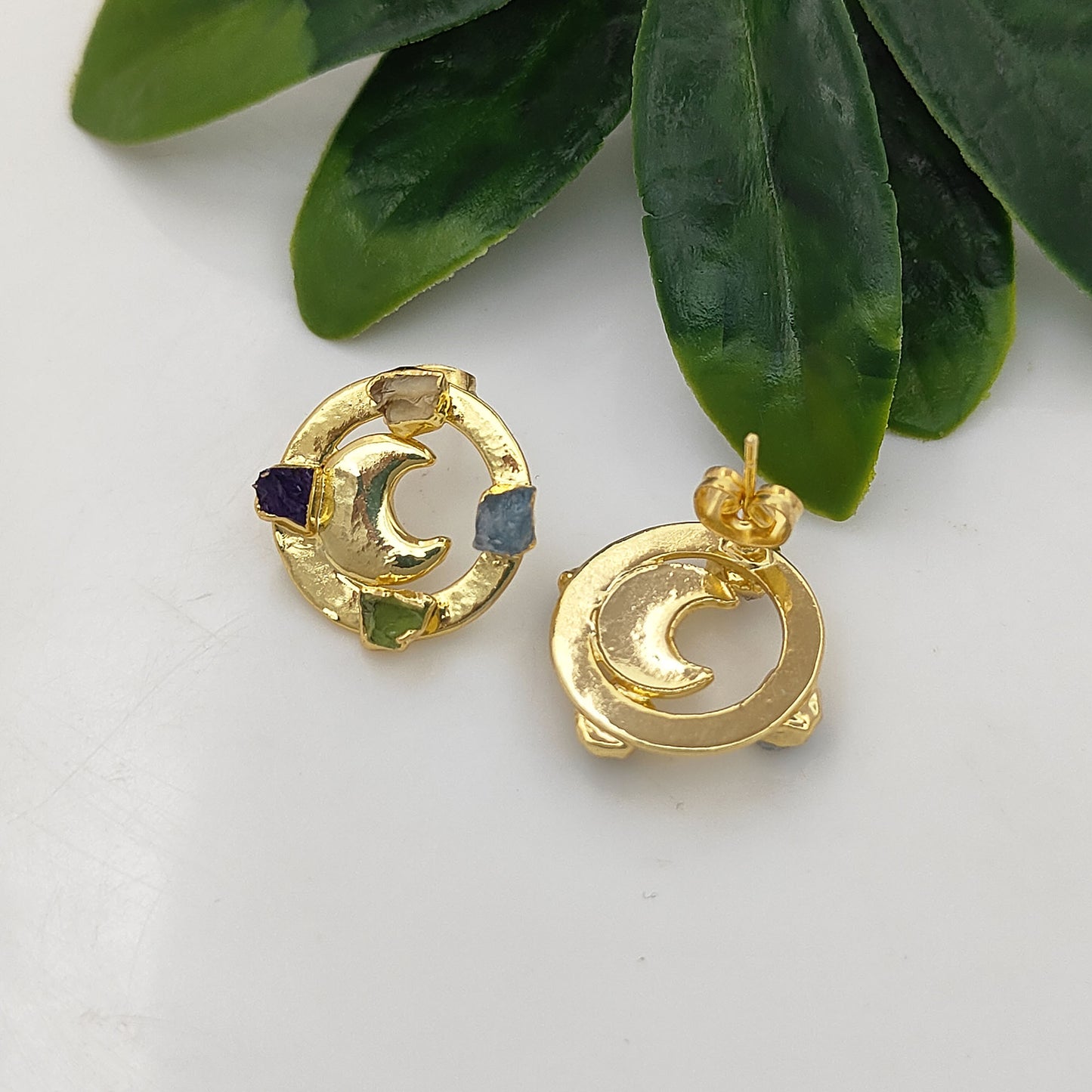 Raw Crystal Crescent Half Moon Stud Earrings Celestial-Inspired Handmade Jewelry for Her- Selling Per Pair