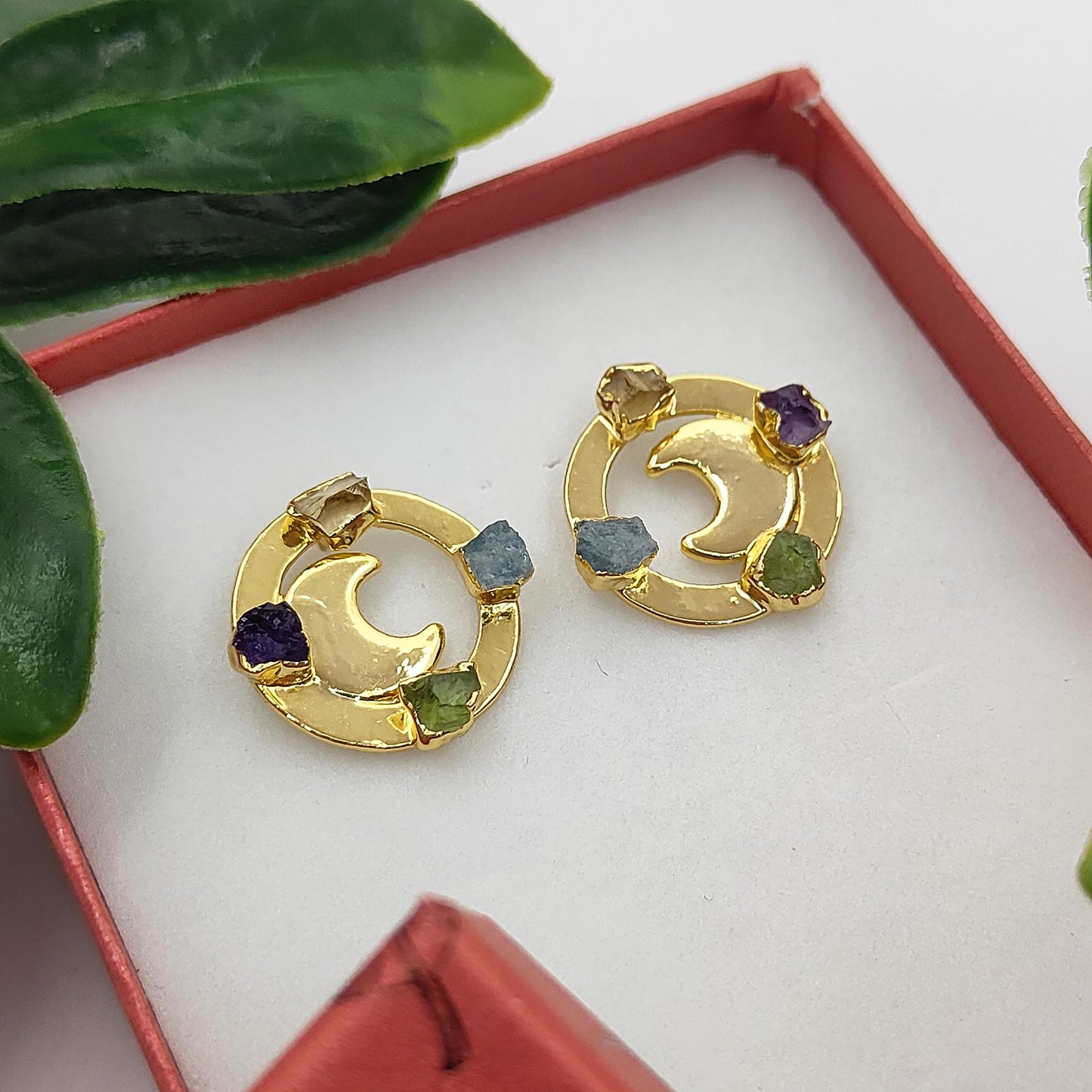 Raw Crystal Crescent Half Moon Stud Earrings Celestial-Inspired Handmade Jewelry for Her- Selling Per Pair