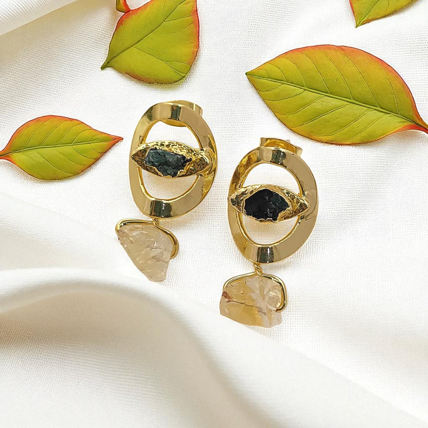 Handmade Emerald & Citrine Evil Eye Earrings 14K Solid Gold Plated Boho Birthstone Studs- Selling Per Pair