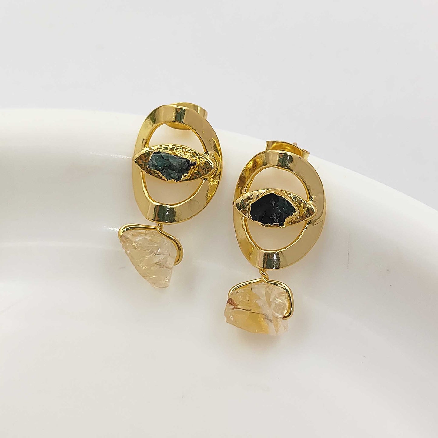 Handmade Emerald & Citrine Evil Eye Earrings 14K Solid Gold Plated Boho Birthstone Studs- Selling Per Pair