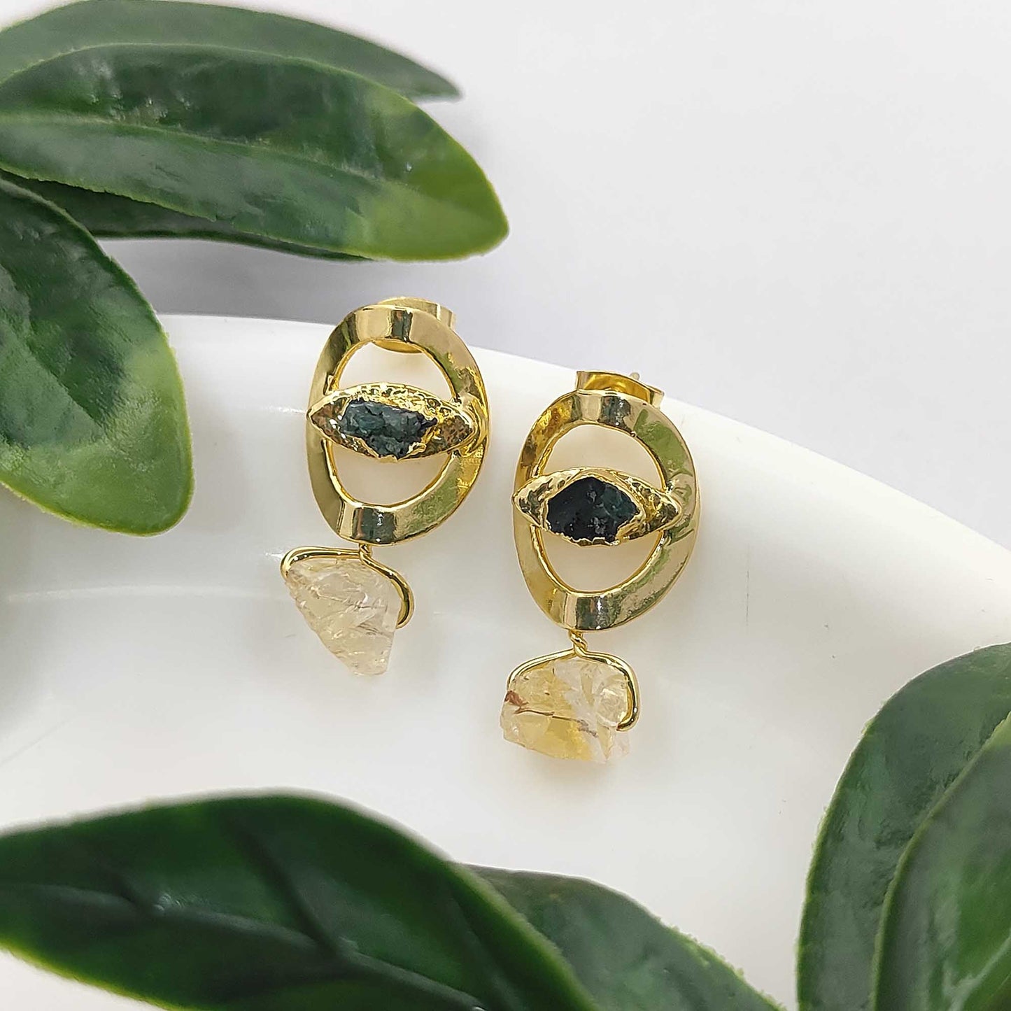 Handmade Emerald & Citrine Evil Eye Earrings 14K Solid Gold Plated Boho Birthstone Studs- Selling Per Pair