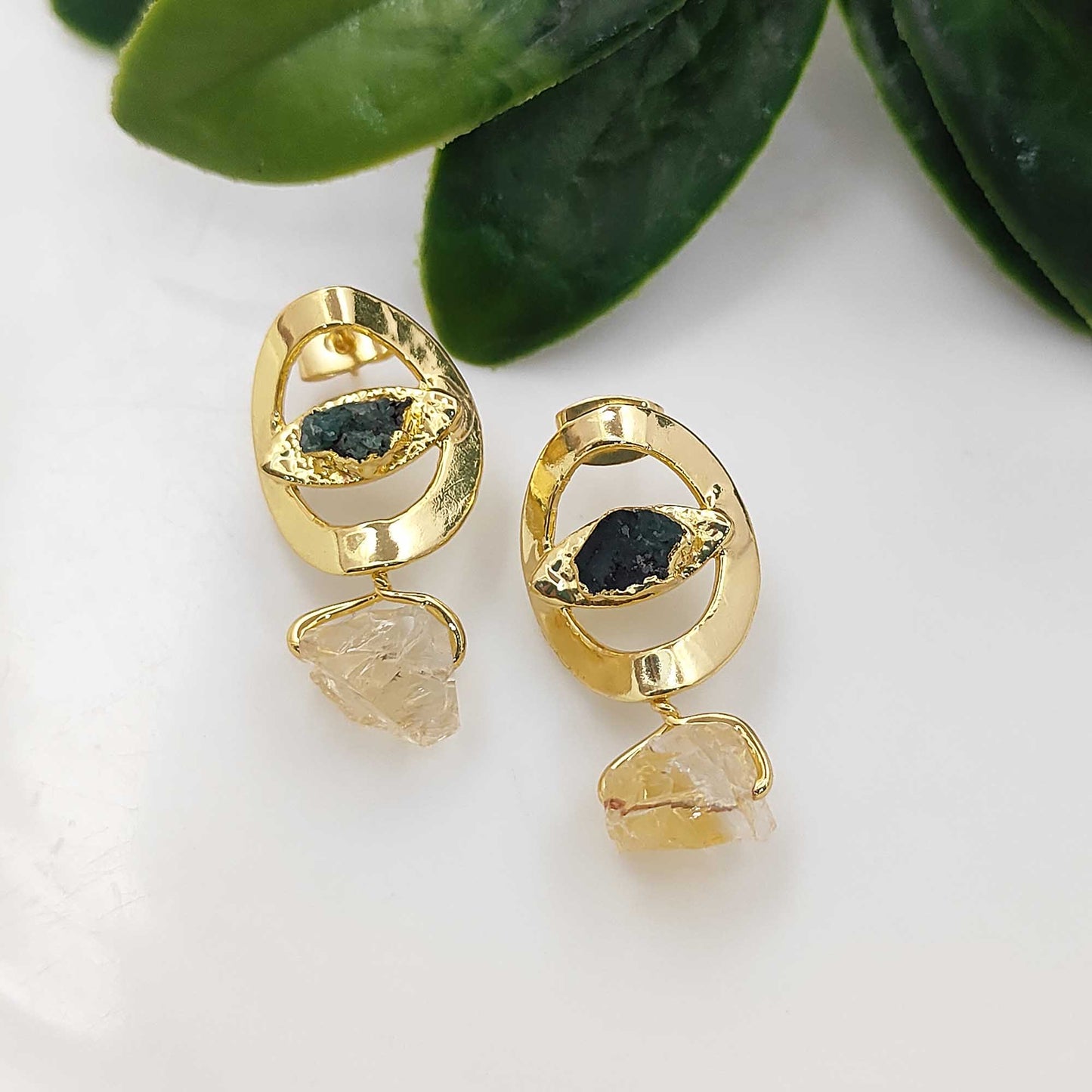 Handmade Emerald & Citrine Evil Eye Earrings 14K Solid Gold Plated Boho Birthstone Studs- Selling Per Pair