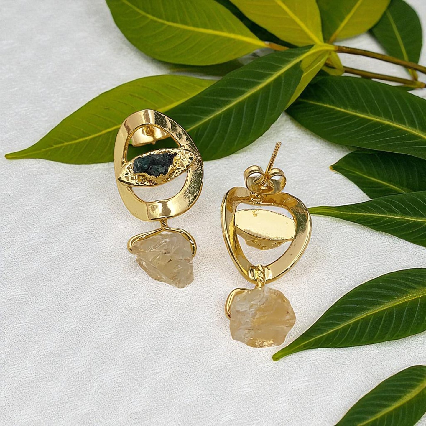 Handmade Emerald & Citrine Evil Eye Earrings 14K Solid Gold Plated Boho Birthstone Studs- Selling Per Pair