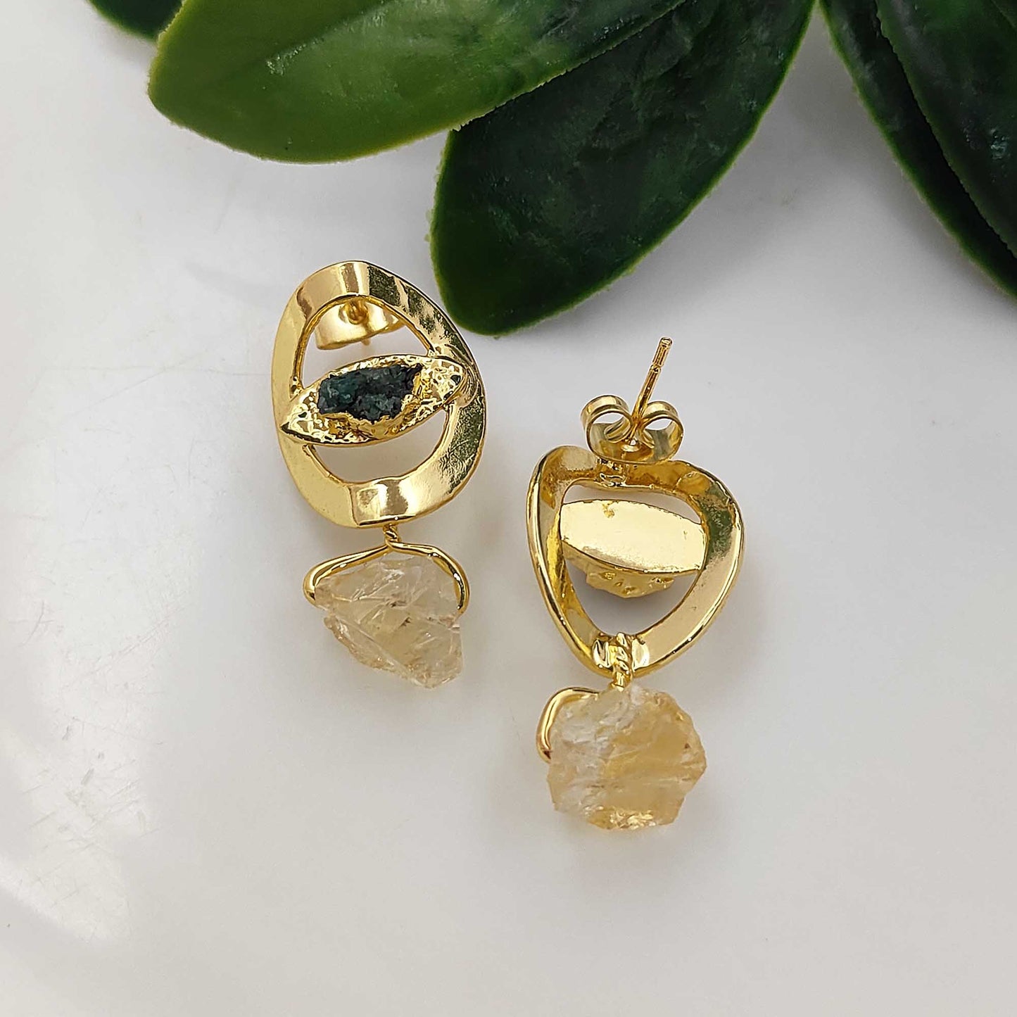 Handmade Emerald & Citrine Evil Eye Earrings 14K Solid Gold Plated Boho Birthstone Studs- Selling Per Pair
