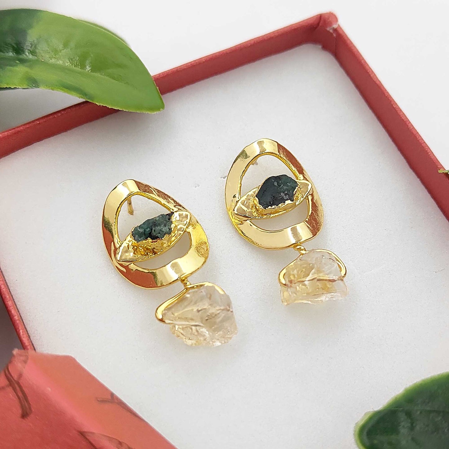 Handmade Emerald & Citrine Evil Eye Earrings 14K Solid Gold Plated Boho Birthstone Studs- Selling Per Pair