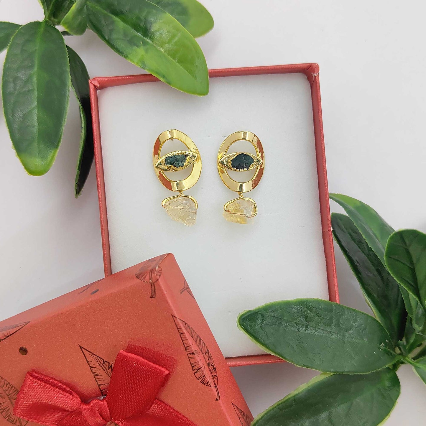 Handmade Emerald & Citrine Evil Eye Earrings 14K Solid Gold Plated Boho Birthstone Studs- Selling Per Pair
