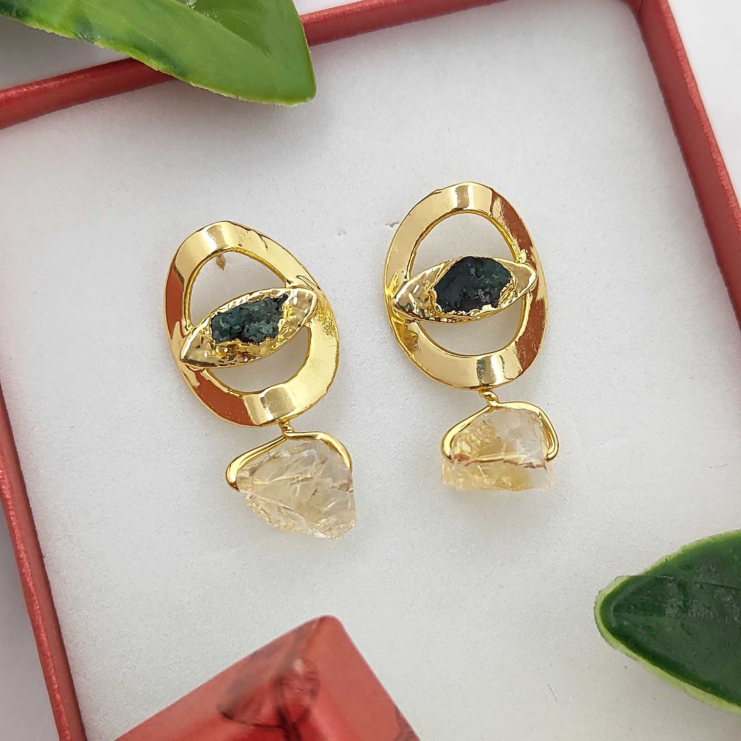 Handmade Emerald & Citrine Evil Eye Earrings 14K Solid Gold Plated Boho Birthstone Studs- Selling Per Pair