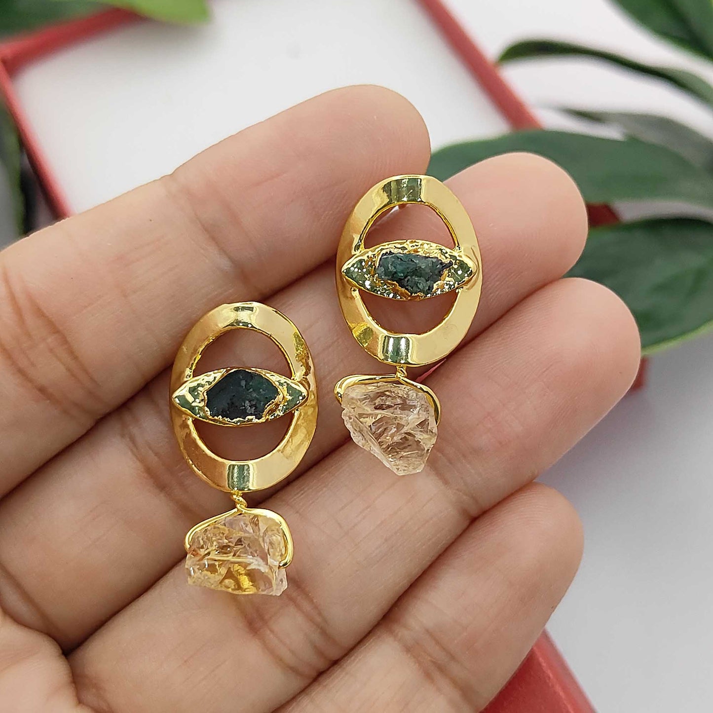 Handmade Emerald & Citrine Evil Eye Earrings 14K Solid Gold Plated Boho Birthstone Studs- Selling Per Pair