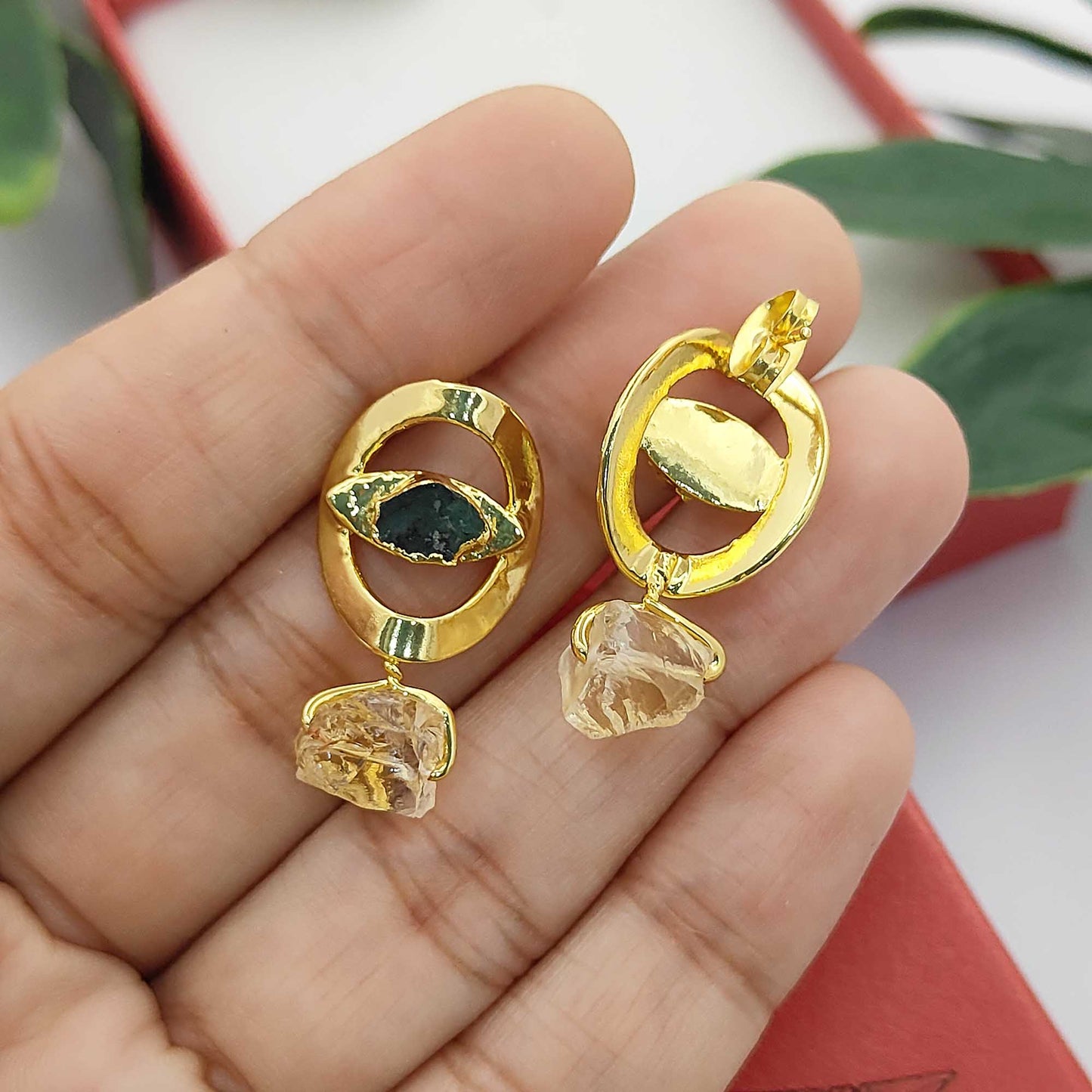 Handmade Emerald & Citrine Evil Eye Earrings 14K Solid Gold Plated Boho Birthstone Studs- Selling Per Pair
