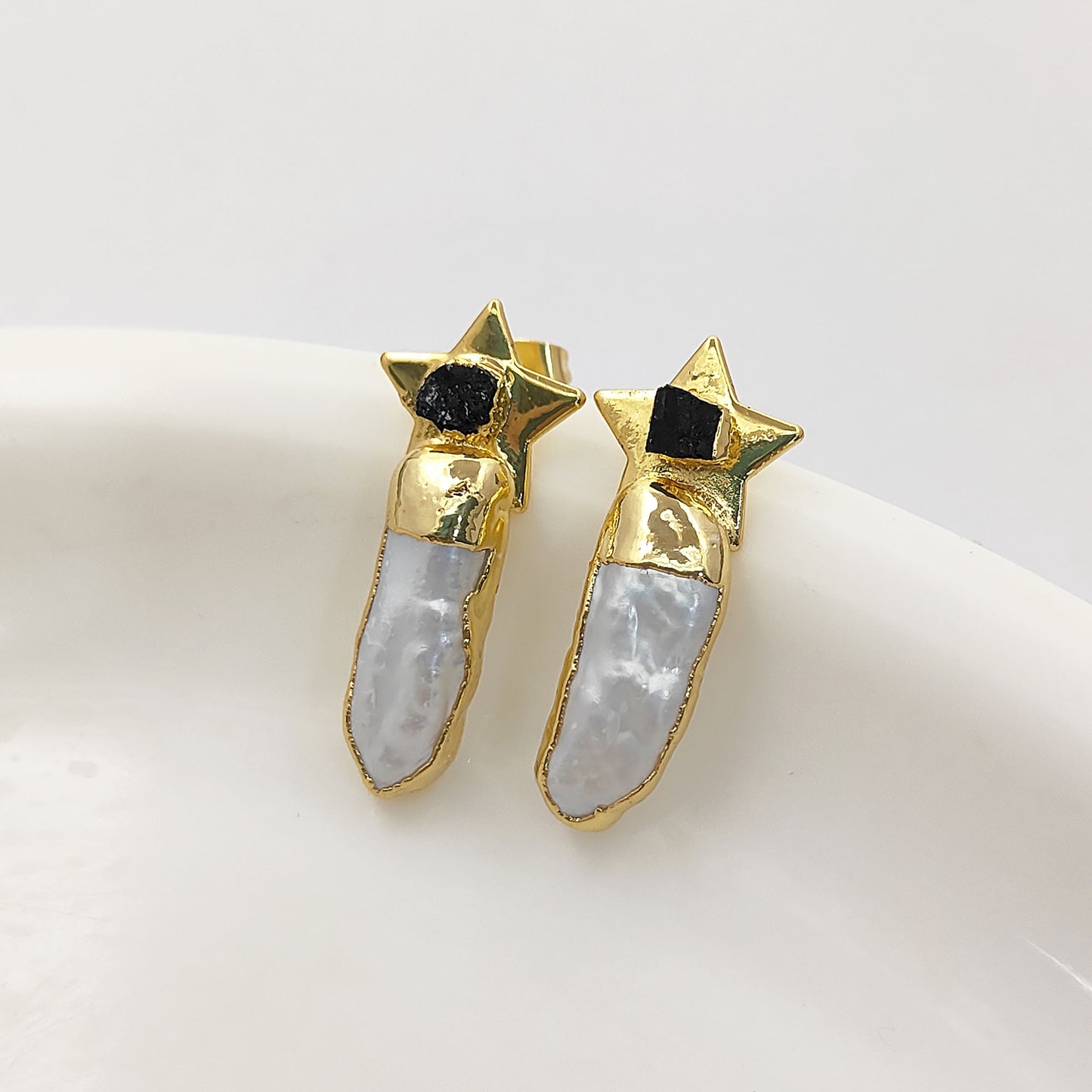 Handmade Black Tourmaline Star Earrings with White Freshwater Pearls Gold Plated Bridal Jewelry- Selling Per Pair