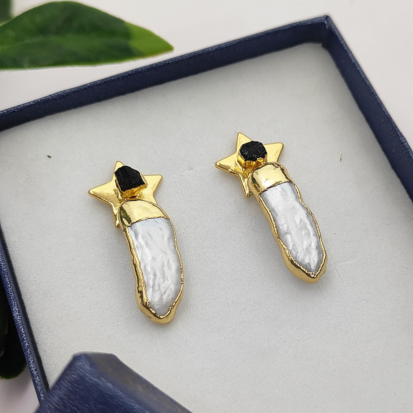 Handmade Black Tourmaline Star Earrings with White Freshwater Pearls Gold Plated Bridal Jewelry- Selling Per Pair