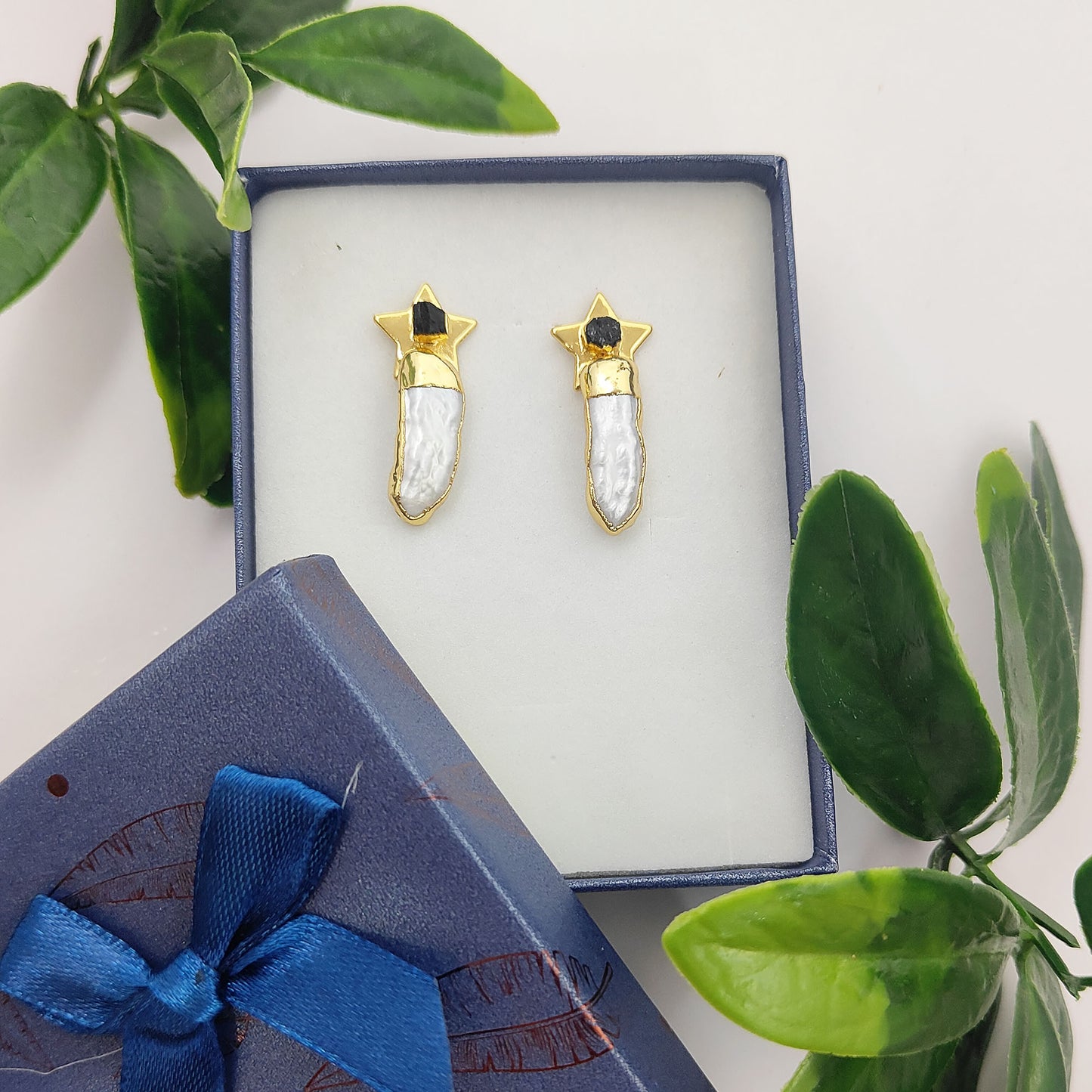 Handmade Black Tourmaline Star Earrings with White Freshwater Pearls Gold Plated Bridal Jewelry- Selling Per Pair
