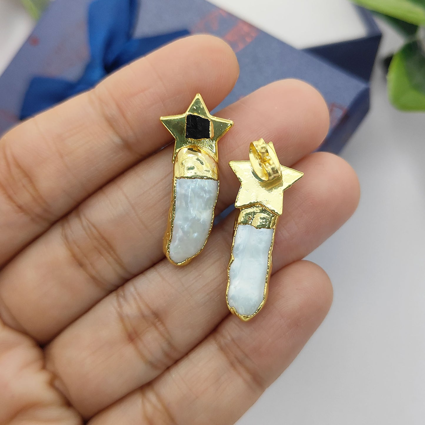 Handmade Black Tourmaline Star Earrings with White Freshwater Pearls Gold Plated Bridal Jewelry- Selling Per Pair