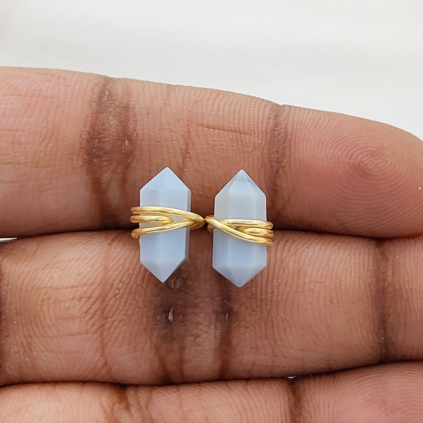 Minimalist Blue Opal Double Point Stud Earrings 12x5mm Gold Vermeil Tiny Crystal Jewelry- Selling Per Pair