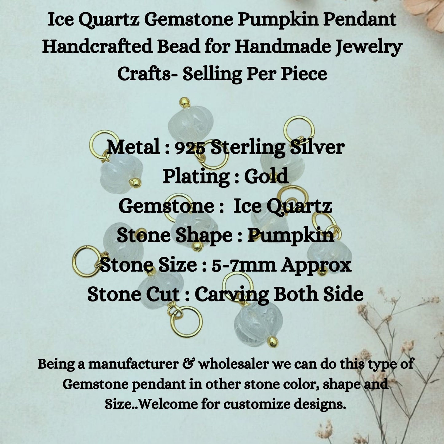 Ice Quartz Gemstone Pumpkin Pendant Handcrafted Bead for Handmade Jewelry Crafts- Selling Per Piece