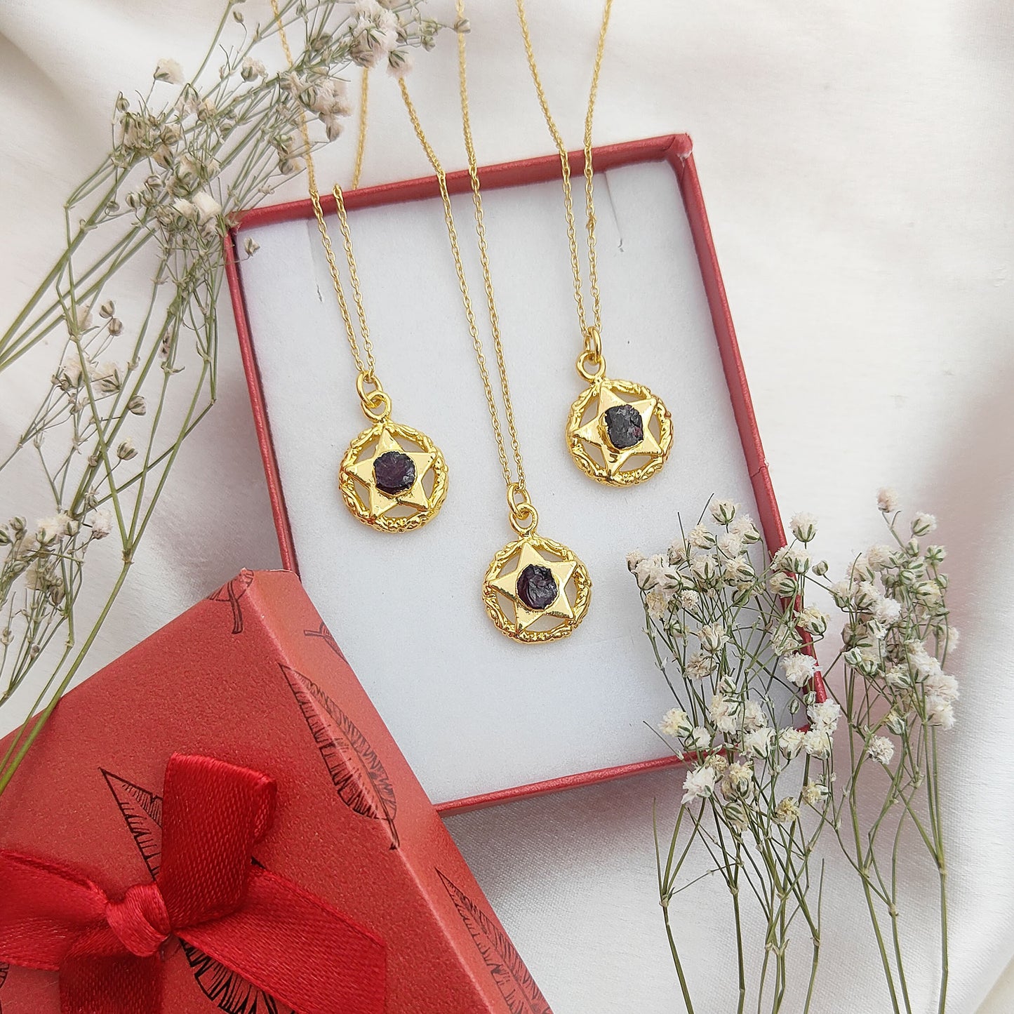 Handmade Gold Plated Garnet North Star Necklace Minimalist Layering Jewelry for Women