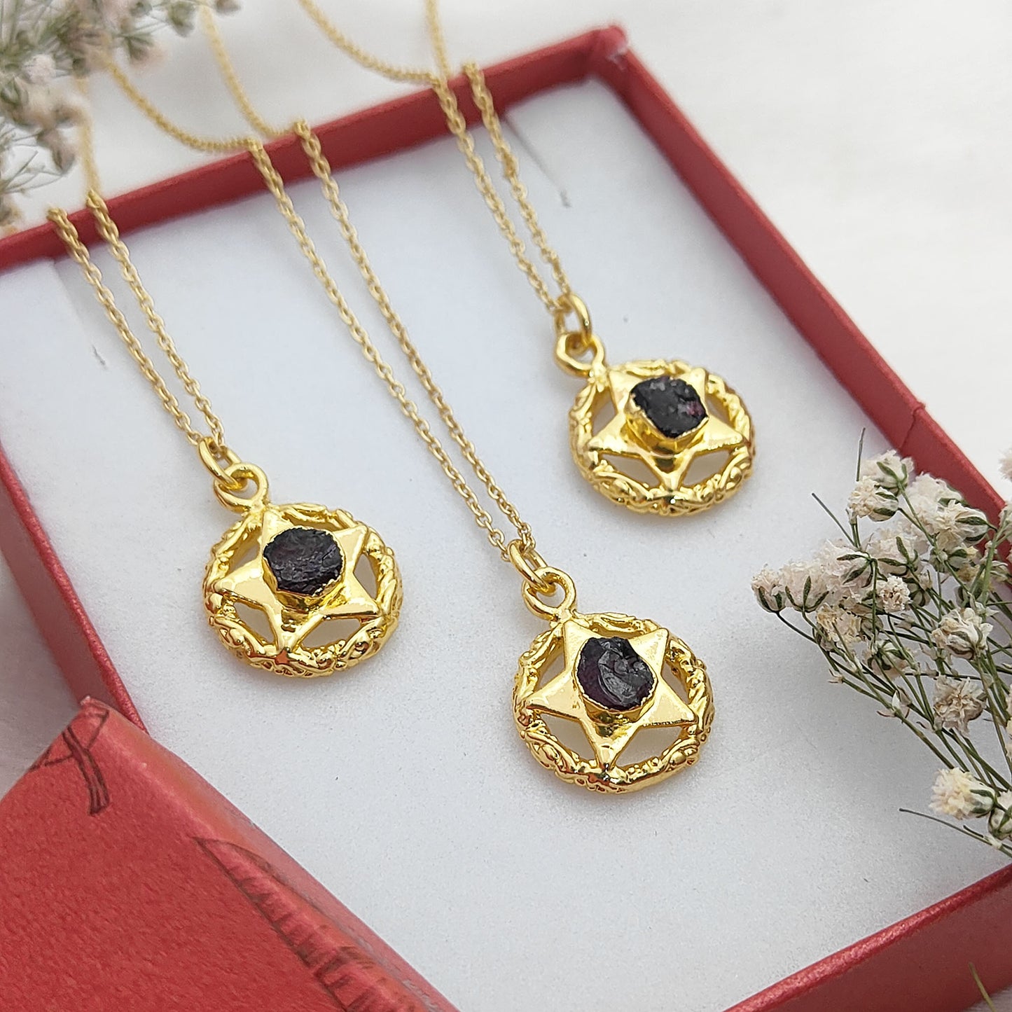 Handmade Gold Plated Garnet North Star Necklace Minimalist Layering Jewelry for Women