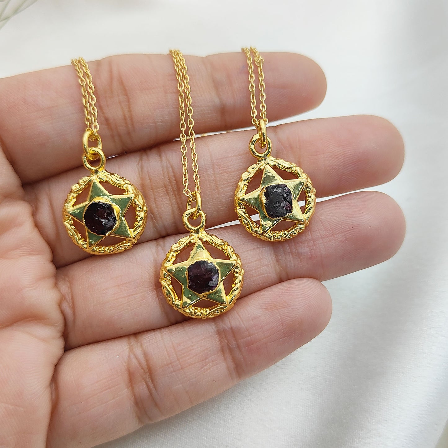 Handmade Gold Plated Garnet North Star Necklace Minimalist Layering Jewelry for Women