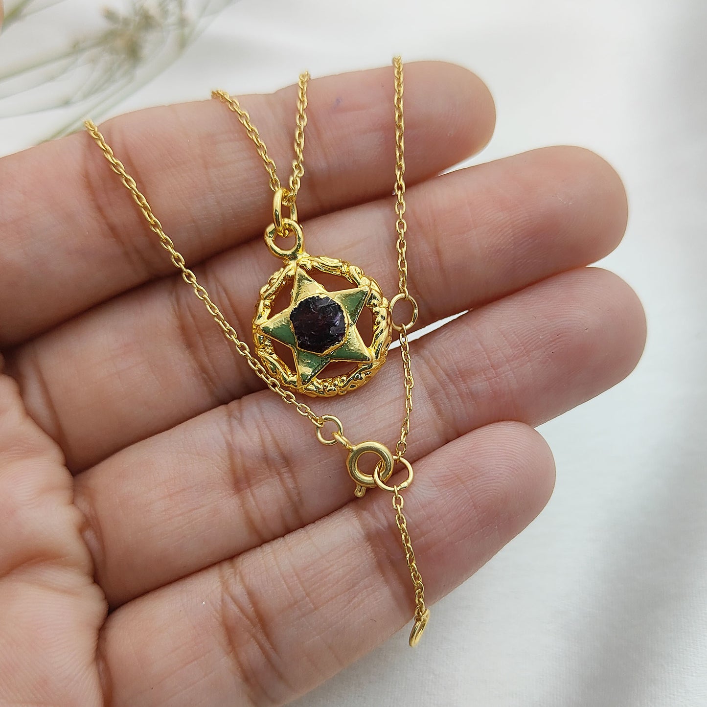 Handmade Gold Plated Garnet North Star Necklace Minimalist Layering Jewelry for Women