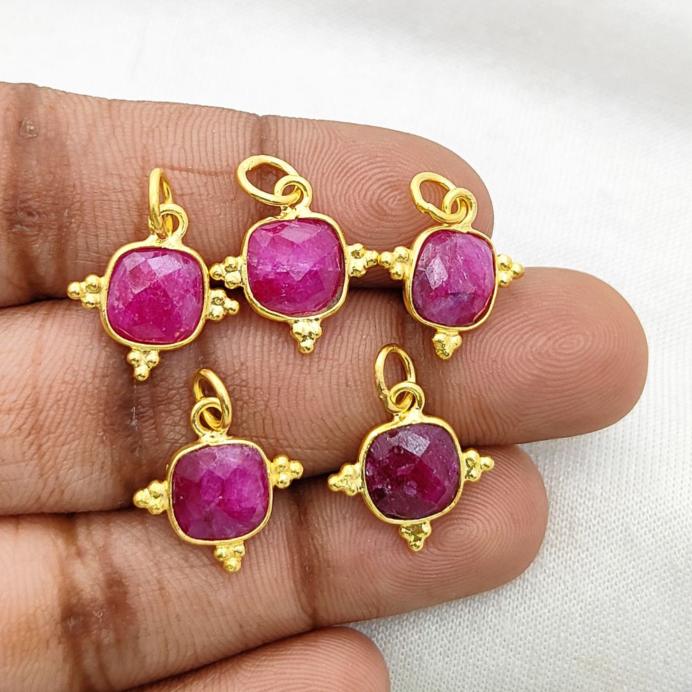 8mm Ruby Pendant - July Birthstone, Gold Plated Sterling Silver Cushion Cut Necklace