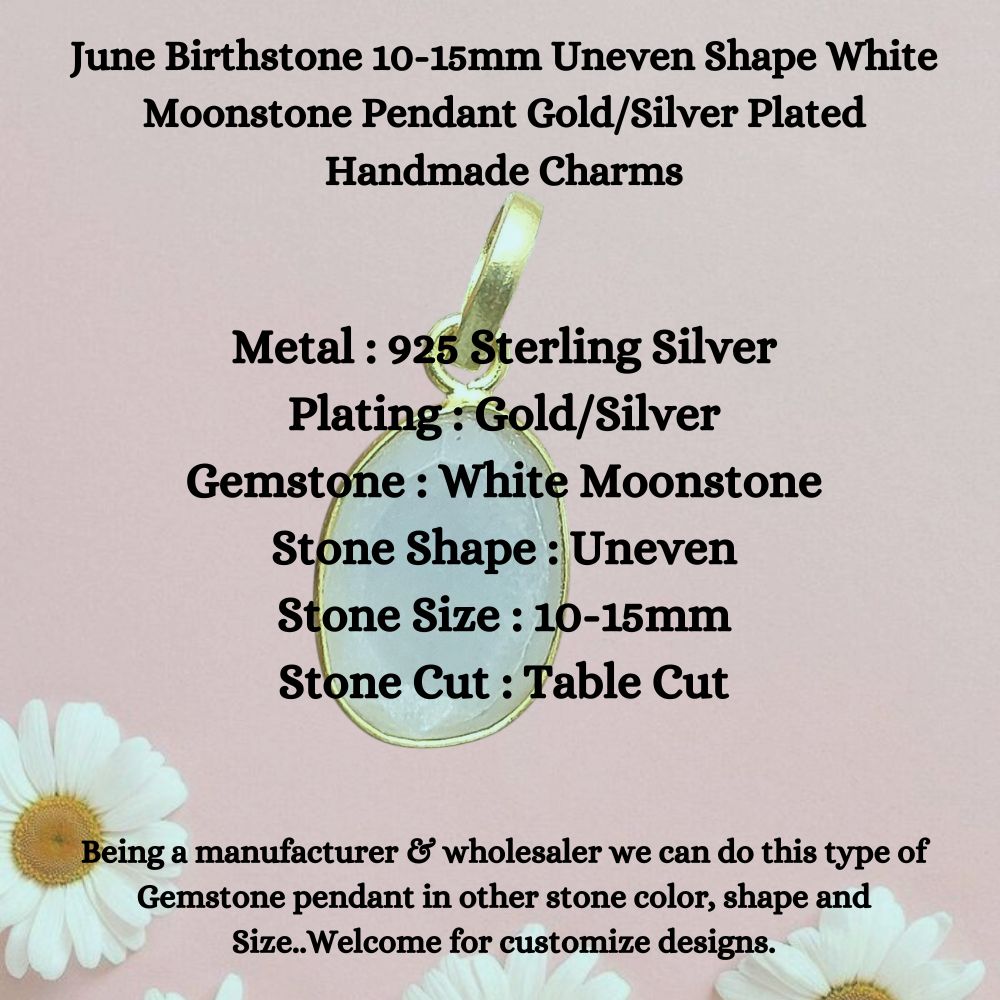 June Birthstone 10-15mm Uneven Shape White Moonstone Pendant Gold/Silver Plated Handmade Charms