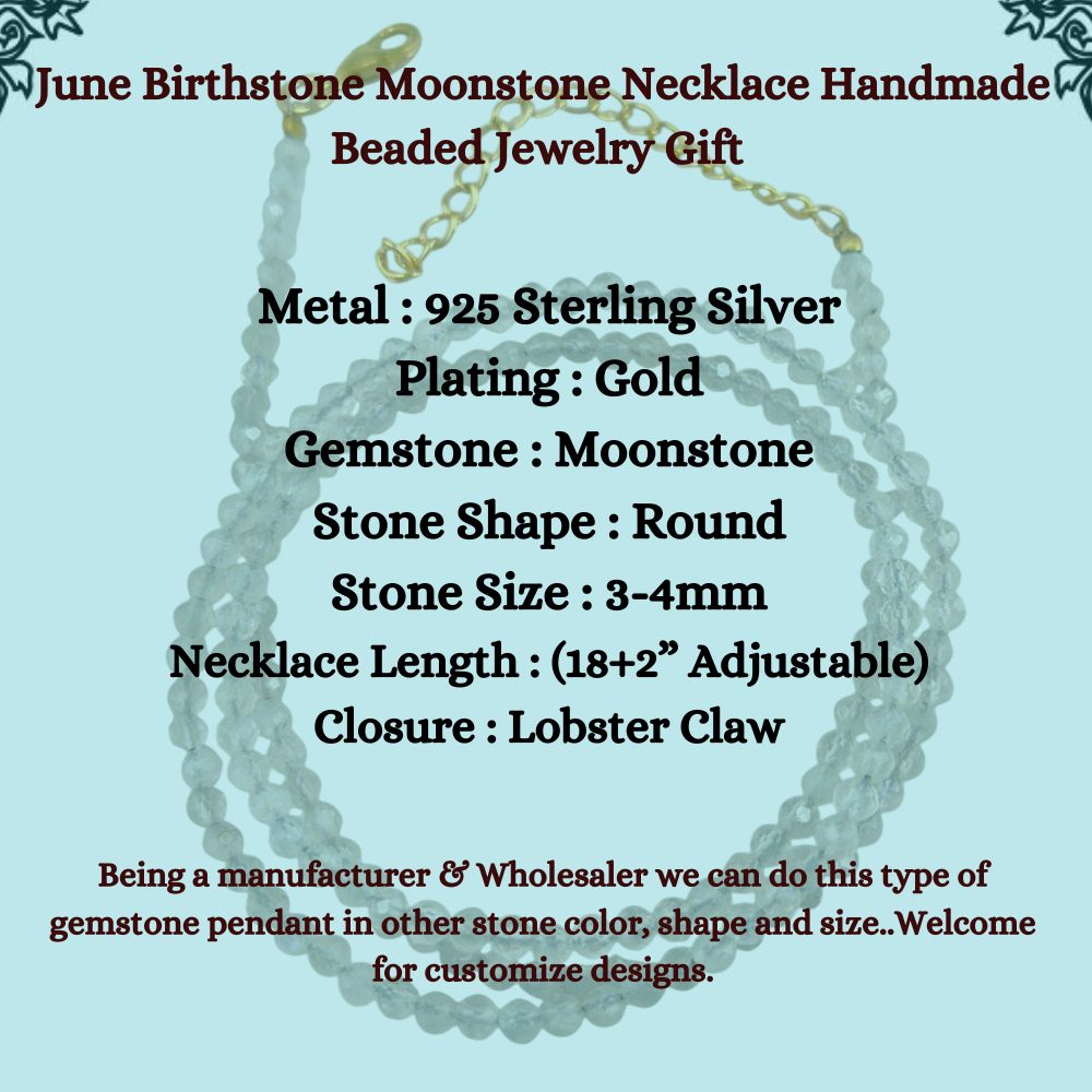 June Birthstone Moonstone Necklace Handmade Beaded Jewelry Gift Gold Plated Sterling Silver Boho Chic Statement Necklace (Adjustable 18+2 Inch Chain) - Selling/Piece