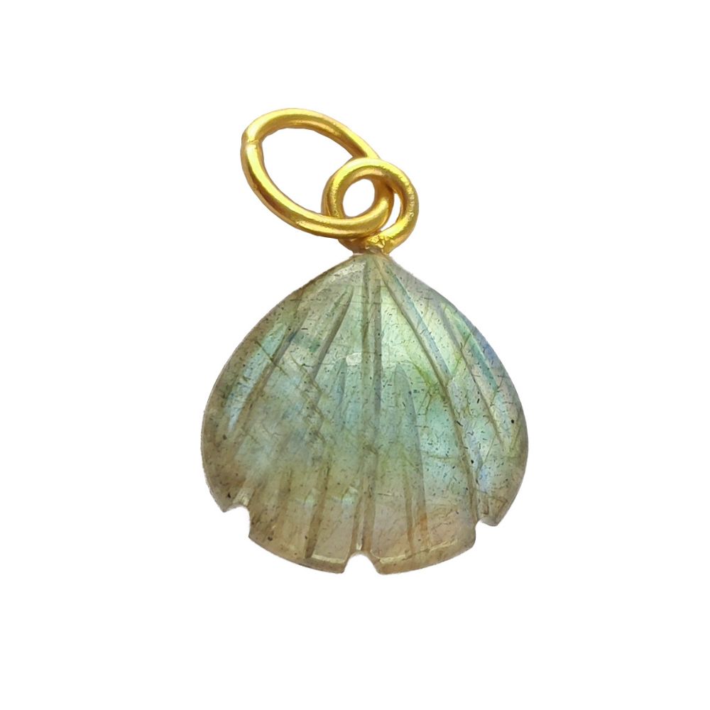 Handmade jewelry featuring a heart-shaped blue fire labradorite gemstone seashell pendant in gold-plated sterling silver.