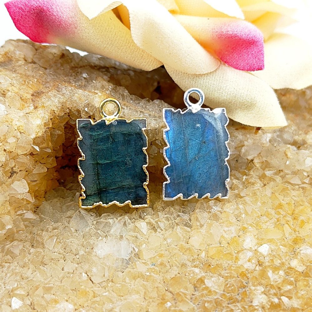 Handmade Gold/Silver Electroplated Slice Zig Zag Pendant 16x12mm Rectangle Multi Gemstone Minimalist Jewelry For Women- Selling Per Piece