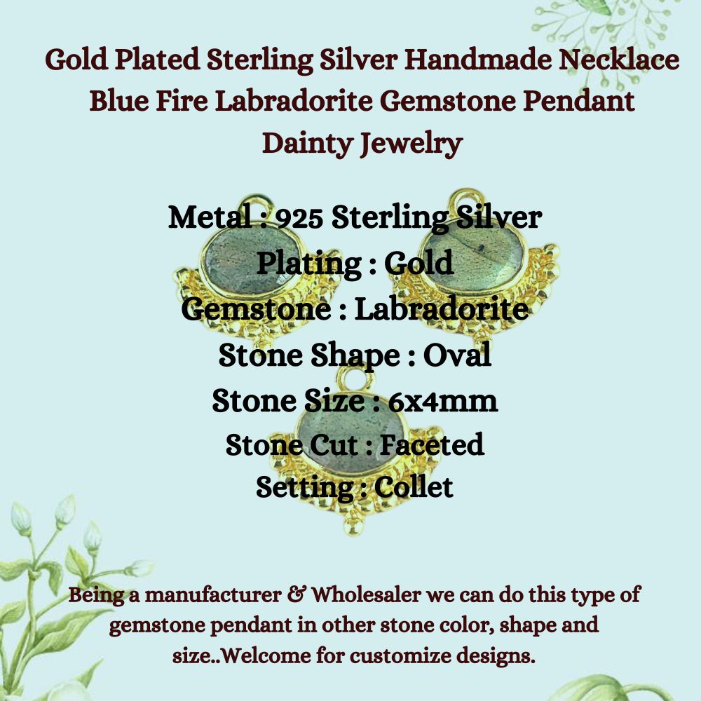 Gold Plated Sterling Silver Handmade Necklace Blue Fire Labradorite Gemstone Pendant Dainty Jewelry for Gift- Selling Per Piece