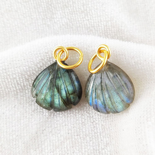 Handmade heart-shaped blue fire labradorite pendant in 18k gold-plated sterling silver, showcasing a stunning seashell design