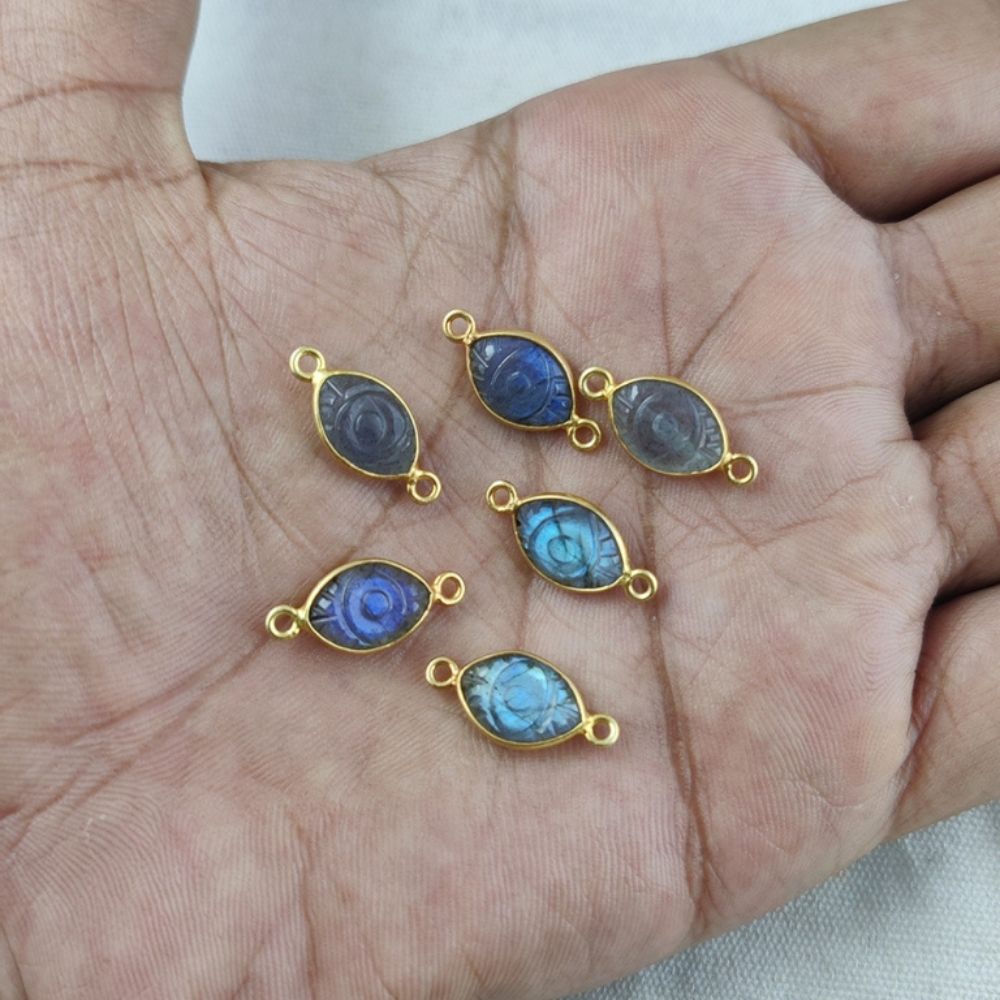 12x8mm Marquise Shape Evil Eye Carved Connector Gold Vermeil Multi Gemstone Connector For Jewelry Making- Selling/Piece