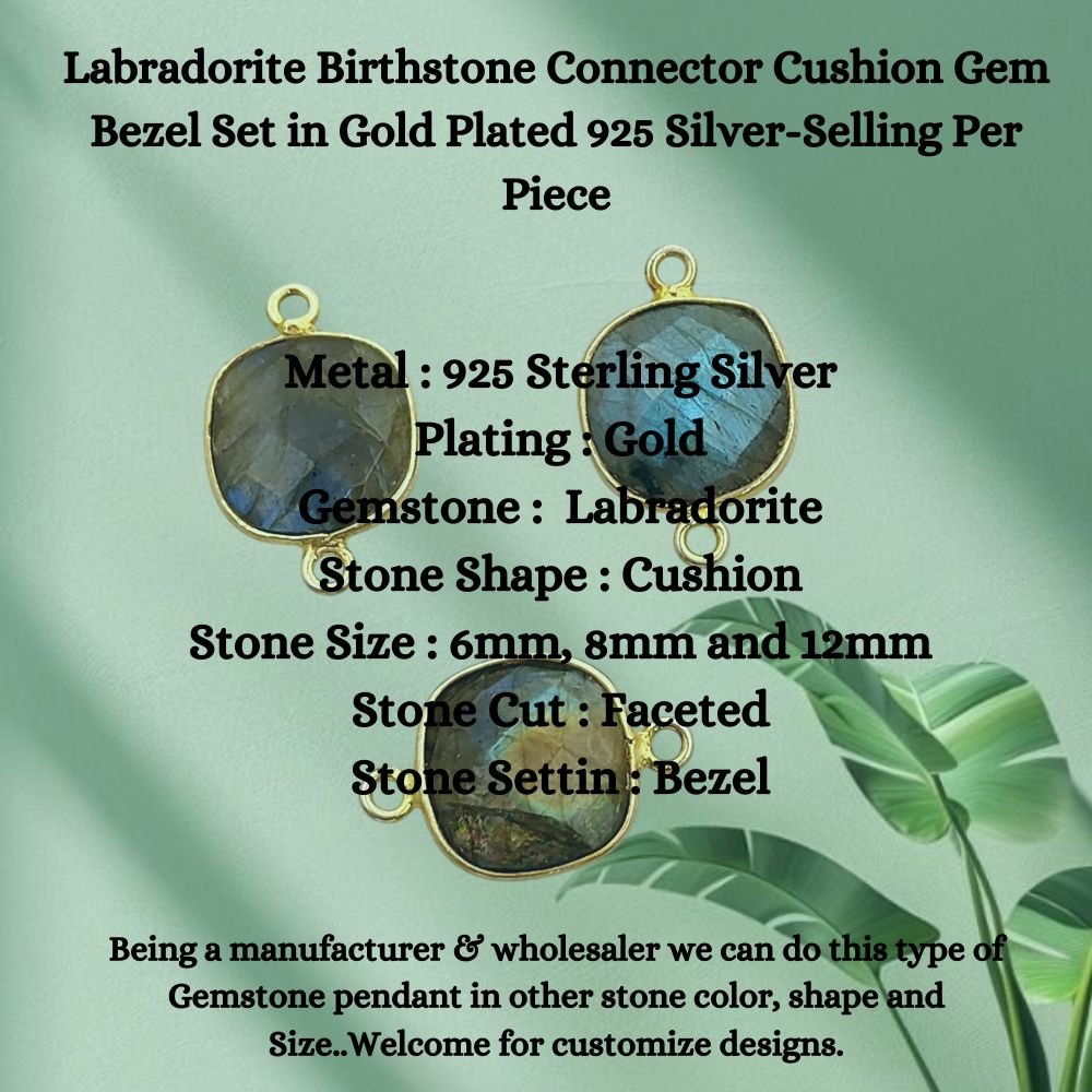 Faceted labradorite gemstone bezel charm handmade gold plated silver connector
