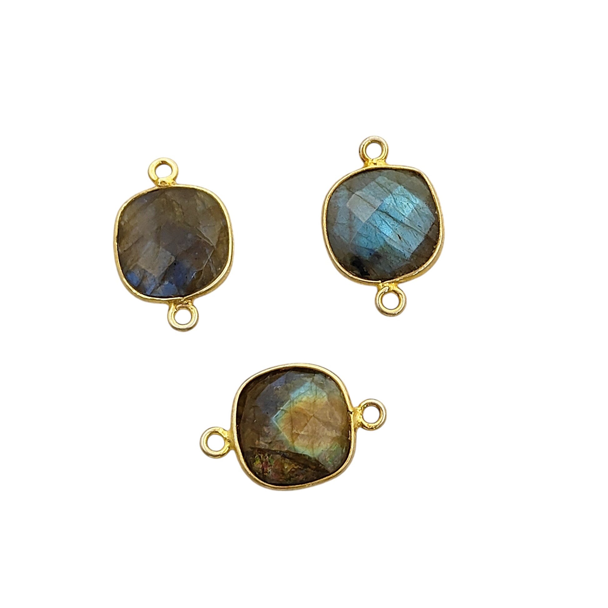 Cushion cut labradorite birthstone connector charm gold plated 925 sterling silver bezel