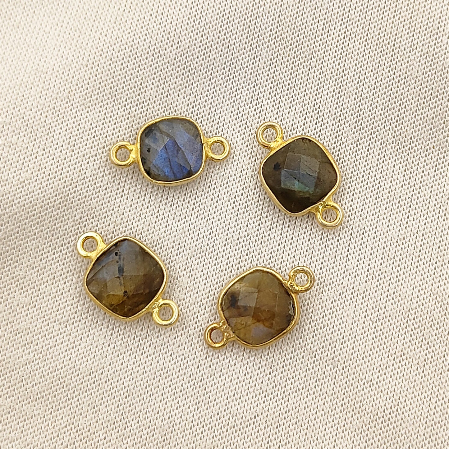 Labradorite Birthstone Connector Cushion Gem Bezel Set in Gold Plated 925 Silver-Selling Per Piece