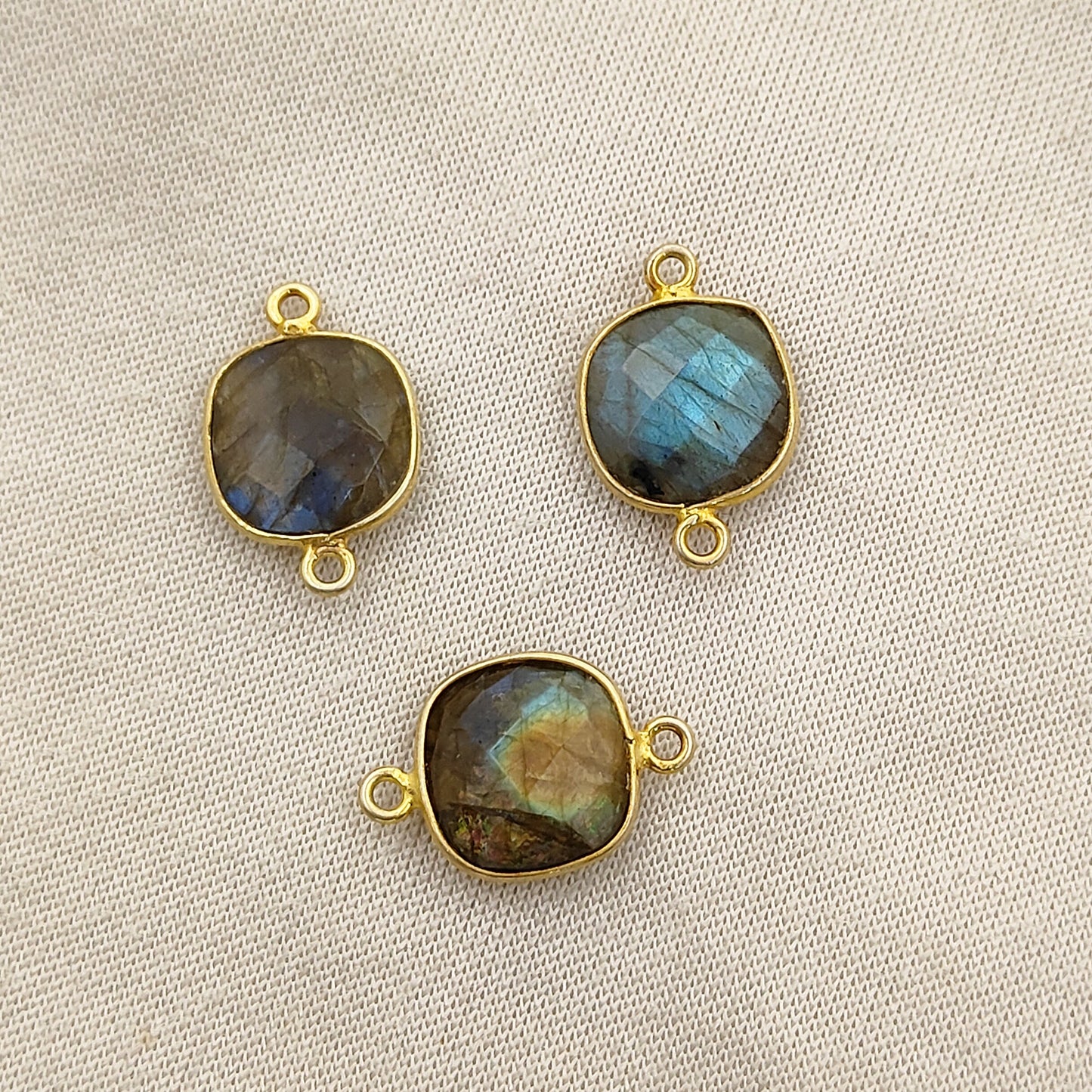 Labradorite Birthstone Connector Cushion Gem Bezel Set in Gold Plated 925 Silver-Selling Per Piece