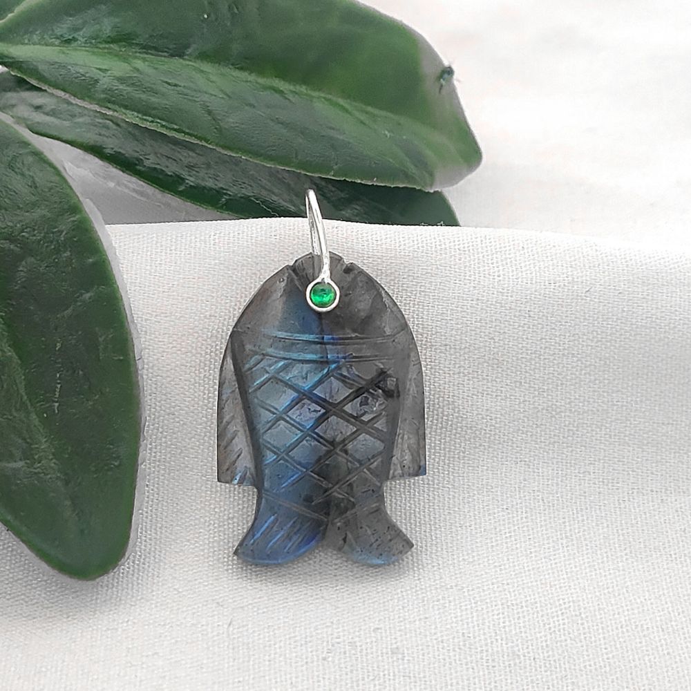 Labradorite Fish Pendant Hand Carved Gemstone Charm Gold Plated 925 Sterling Silver Bail for Jewelry Making Necklace Supply
