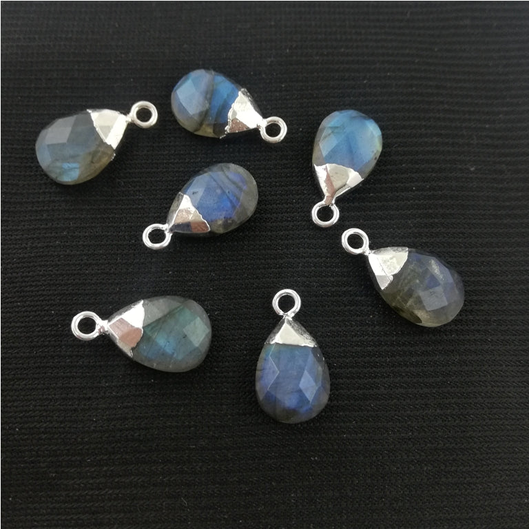 Pear 13x9mm Multi Gemstone Charms Pendant Silver Electroplated Cap Teardrop Handmade Minimalist Jewelry- Selling Per Piece