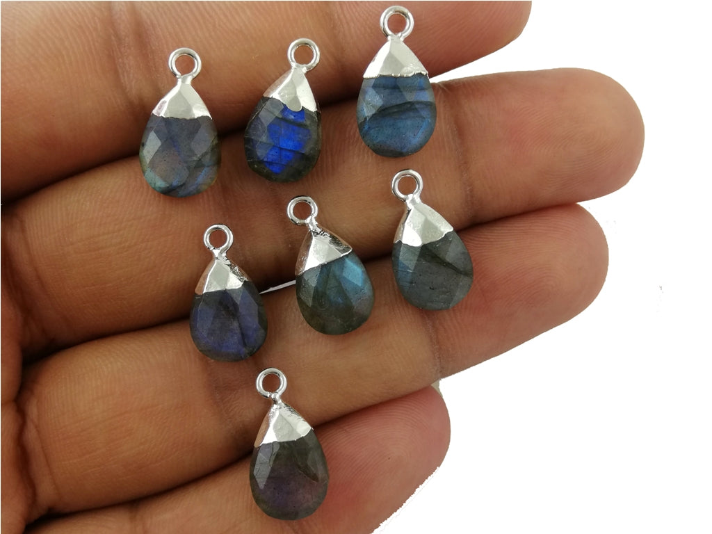 Pear 13x9mm Multi Gemstone Charms Pendant Silver Electroplated Cap Teardrop Handmade Minimalist Jewelry- Selling Per Piece