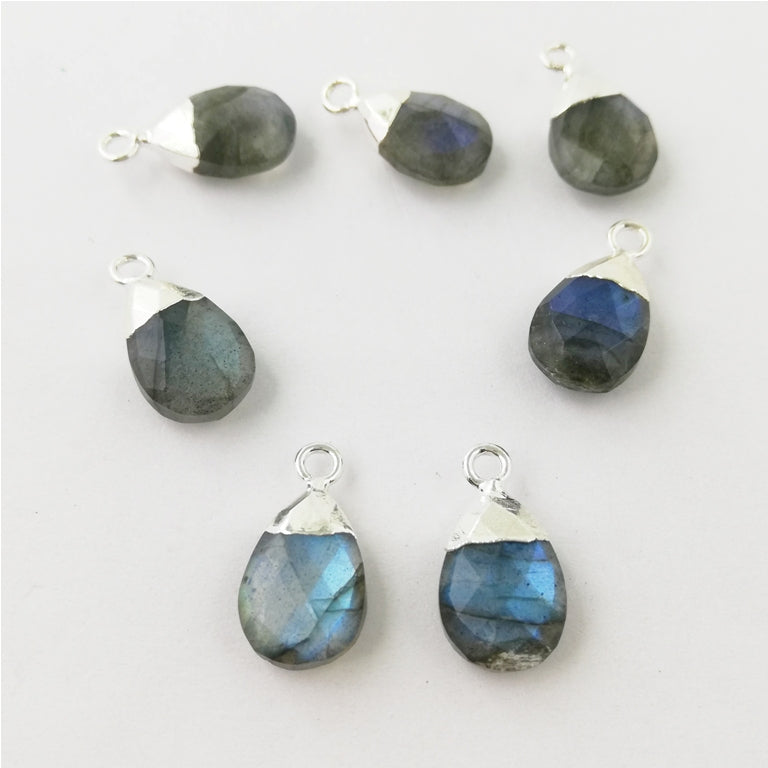 Pear 13x9mm Multi Gemstone Charms Pendant Silver Electroplated Cap Teardrop Handmade Minimalist Jewelry- Selling Per Piece