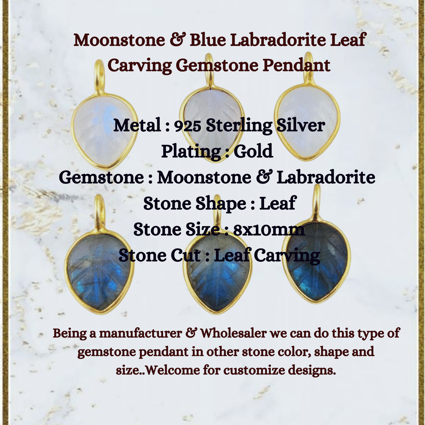 8x10mm Blue Labradorite & Moonstone Leaf Carving Gemstone Pendant in Gold Plating Sterling Silver- Selling Per Piece