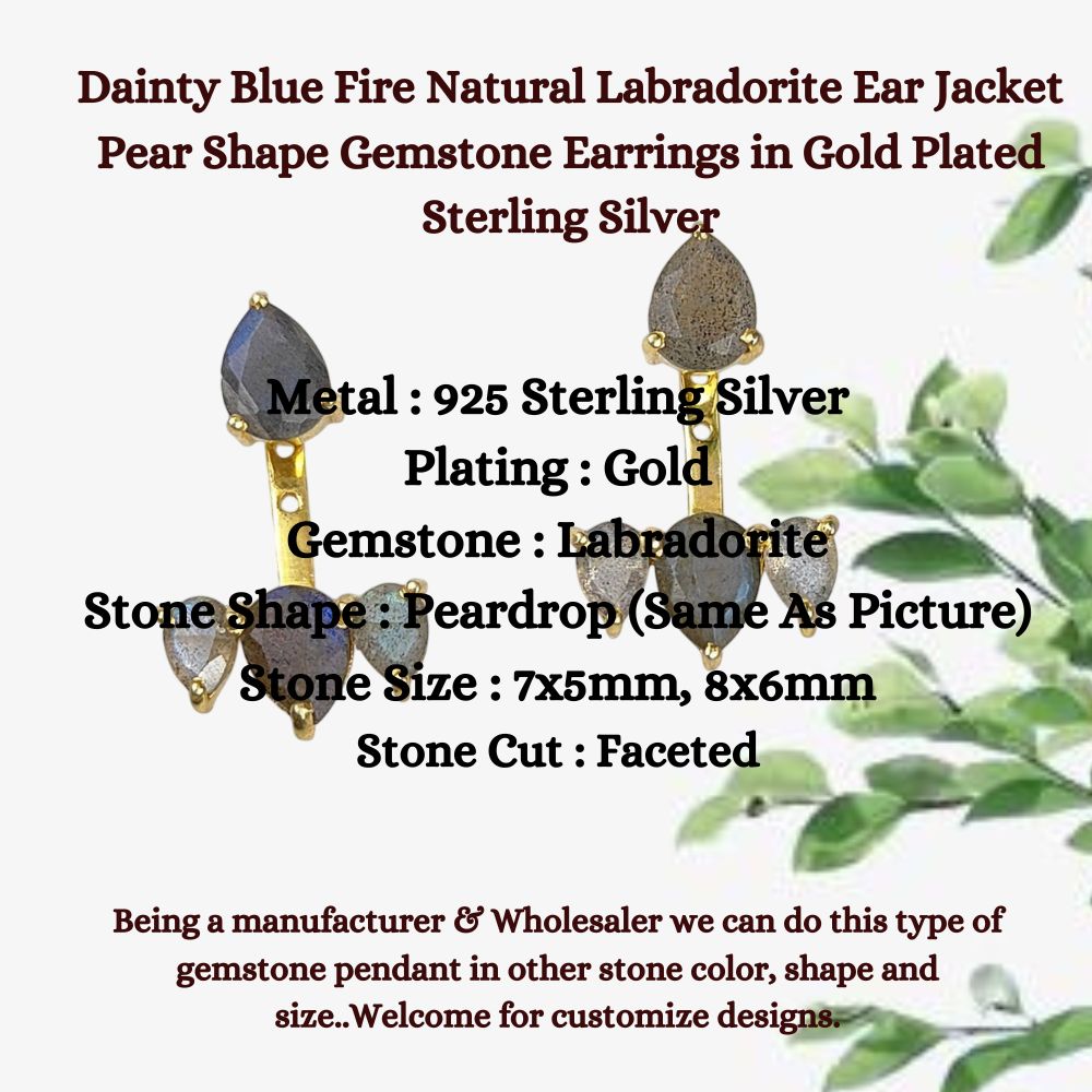 Dainty Blue Fire Natural Labradorite Ear Jacket Pear Shape Gemstone Earrings in Gold Plated Sterling Silver- Selling Per Pair