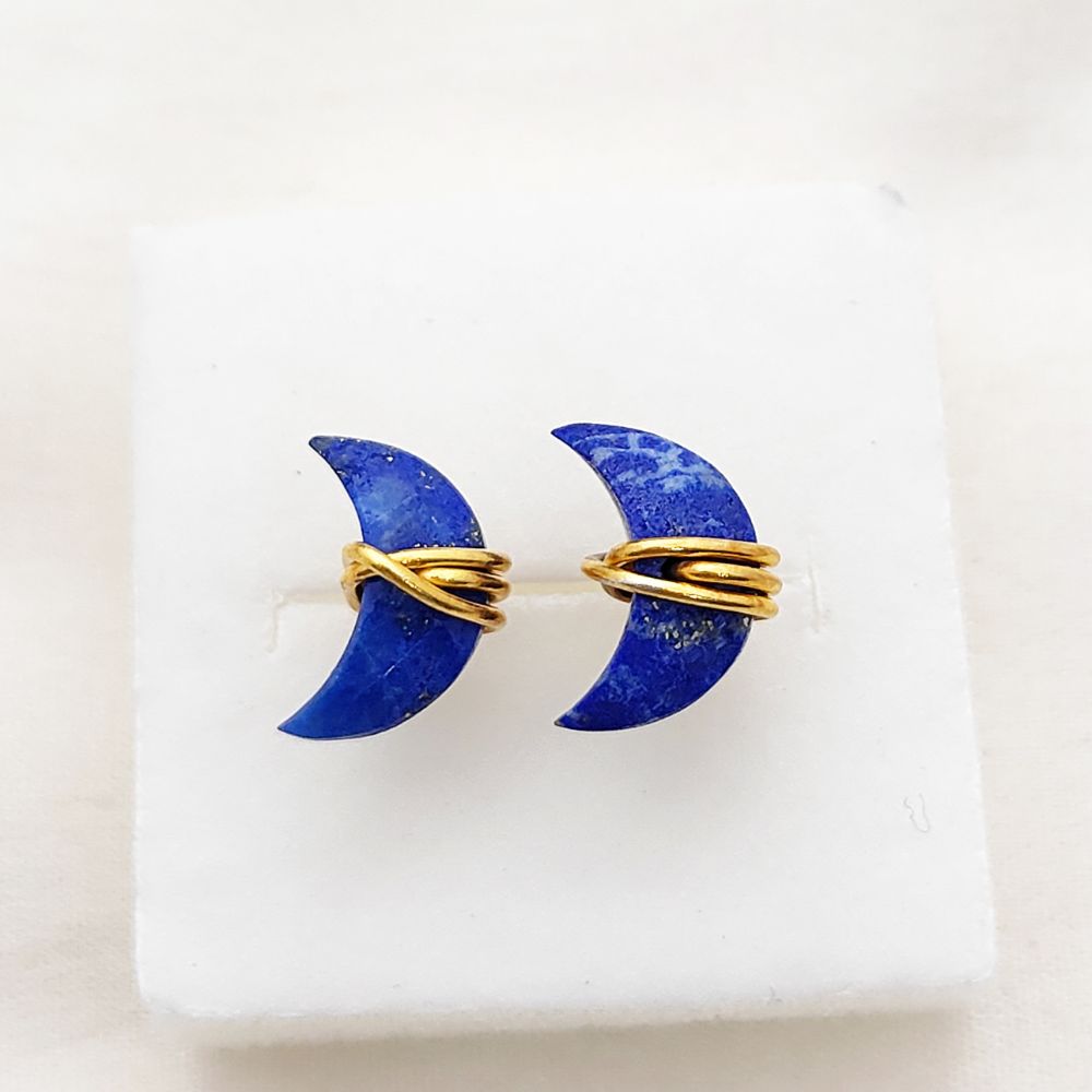 Lapis Lazuli Gemstone Stud Earrings Celestial Half Moon Handmade Jewelry Gift in Gold Plated Sterling Silver- Selling Per Piece