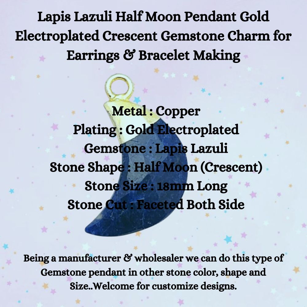 Lapis Lazuli Crescent Moon Pendant – Gold Electroplated Gemstone Charm for Custom Earrings & Bracelet Making