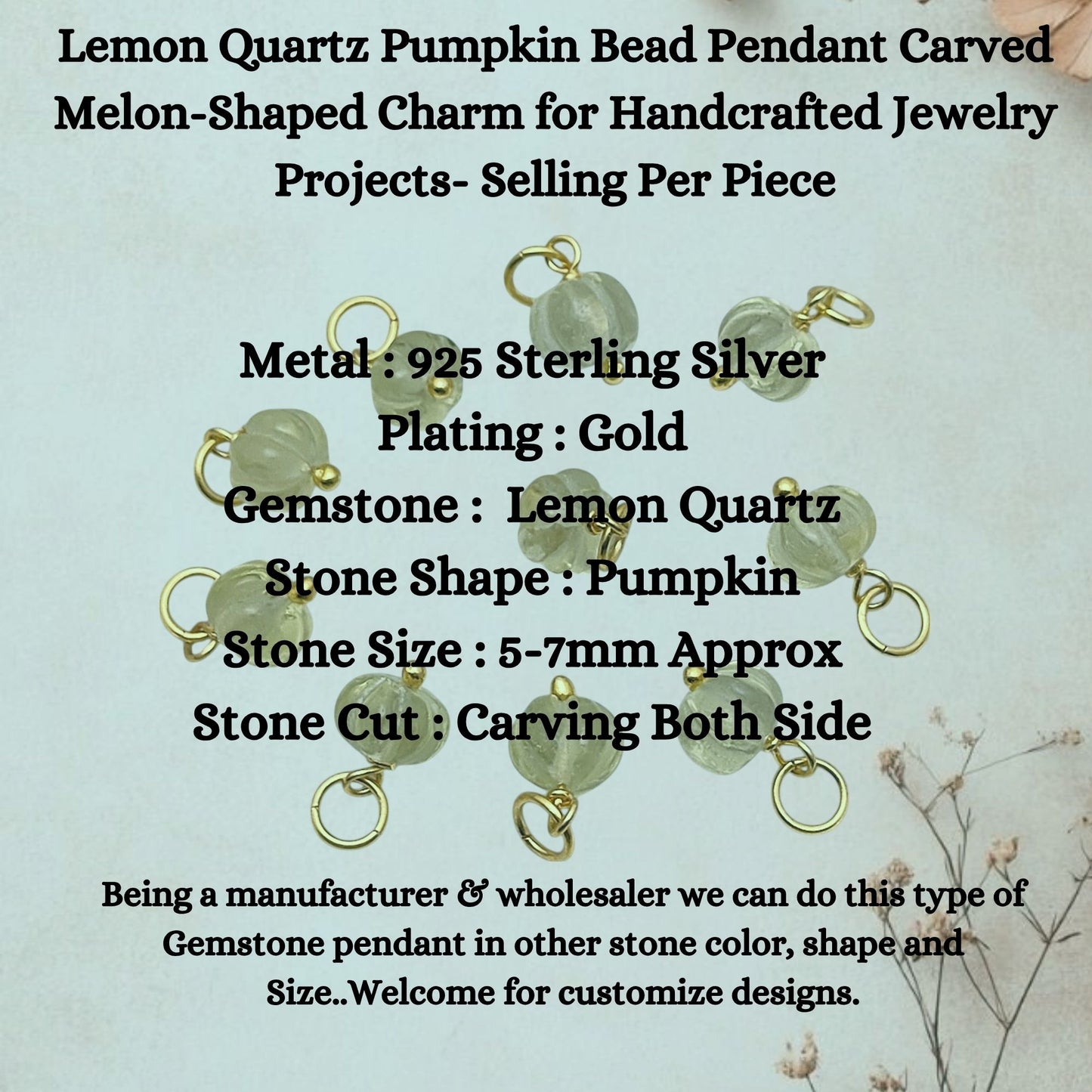 Lemon Quartz Pumpkin Bead Pendant Carved Melon-Shaped Charm for Handcrafted Jewelry Projects- Selling Per Piece