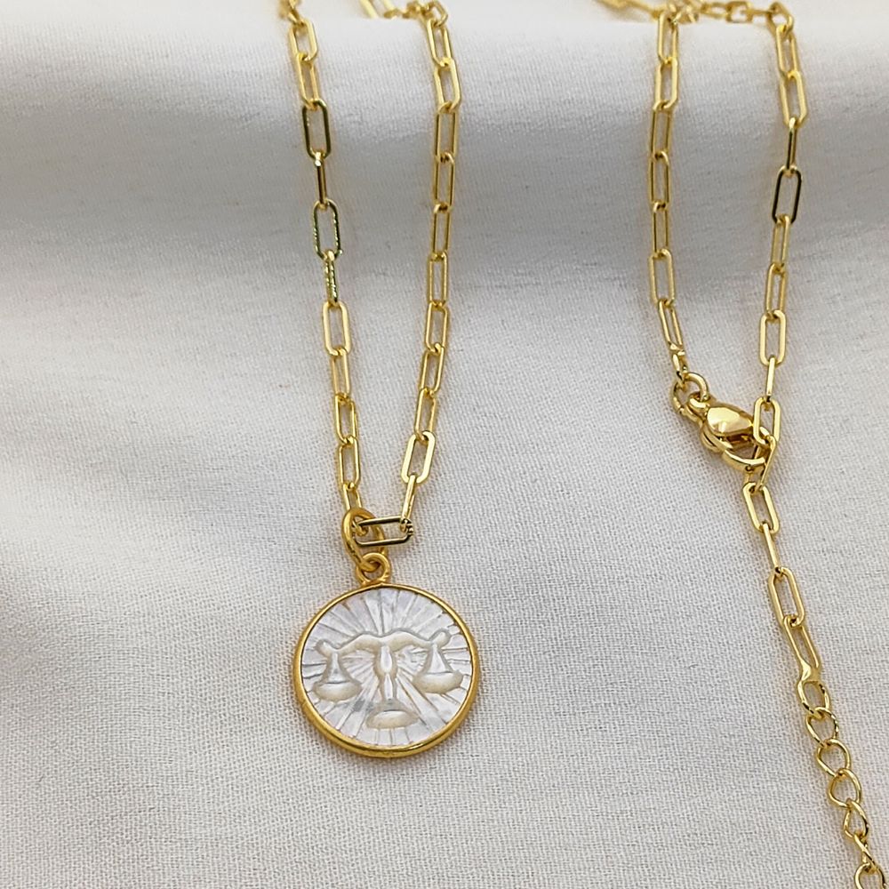 Mother of Pearl Zodiac Pendant for Necklace Gold Plated Astrology Sign Charm on Paperclip Chain Horoscope Jewelry Gift- Selling Per Piece