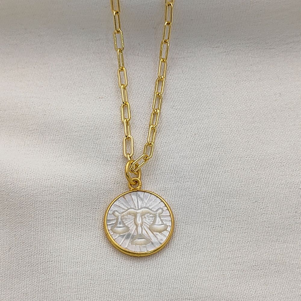 Mother of Pearl Zodiac Pendant for Necklace Gold Plated Astrology Sign Charm on Paperclip Chain Horoscope Jewelry Gift- Selling Per Piece