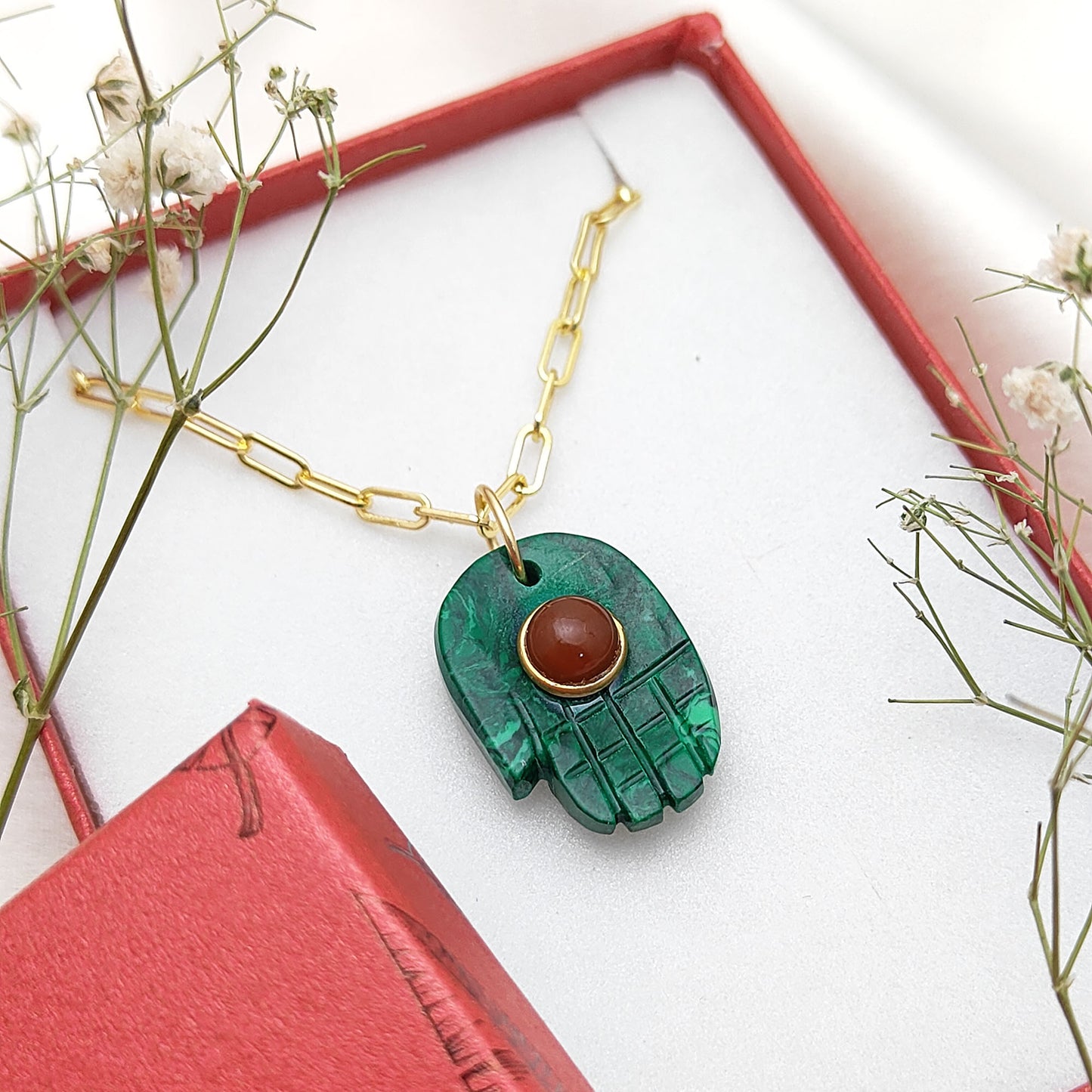 Malachite Evil Eye Necklace with Hamsa Hand Handmade 925 Silver Spiritual Jewelry